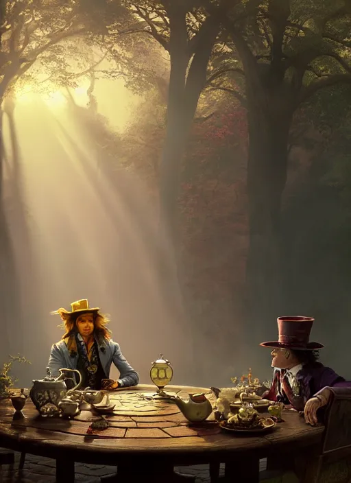 Image similar to The Mad hatter sitting in his tea table, mist, sunrays, dust in the air, DnD character, unreal engine, octane render, dramatic lighting, pond, digital art, by Stanley Artgerm Lau, greg rutkowski, thomas kindkade, alphonse mucha, loish, norman Rockwell,
