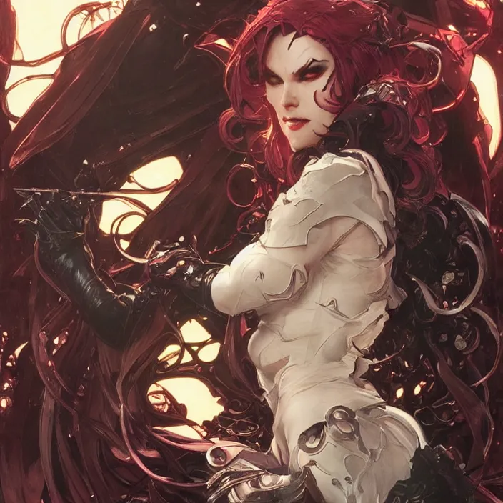 Image similar to a beautiful female super villain being evil, ultra realistic, concept art, intricate details, serious, powers, highly detailed, anime, 8 k, art by todd mcfarlane and artgerm and greg rutkowski and alphonse mucha