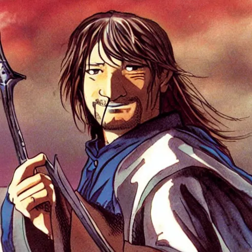 Prompt: boromir in an 80\'s anime world, holding a sword, incredibly detailed, ultra realistic, Satoshi Kon