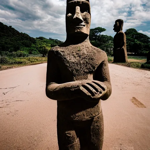 Image similar to a man holding an ice cream cone with a moai 🗿 in it, 4 k photograph