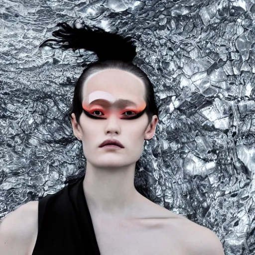 Image similar to ultra closeup portrait of face, floating model in comme des garcon deconstructed black silk gown, iceland landscape background, by lurie belegurschi and gunnar freyr