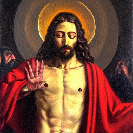 Prompt: Jesus Christ's wound infected with reality television, oil painting, masters, MET collection