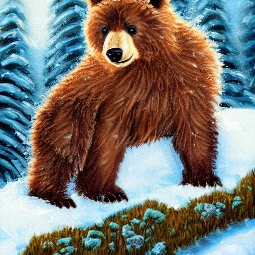 Prompt: cute fluffy baby bear cub sitting in snowy winter forest landscape detailed painting 4k