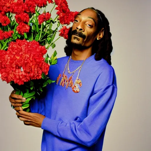 Prompt: Snoop Dogg looking away from camera while holding a Vase of flowers for a 1990s sitcom tv show, Studio Photograph, portrait, C 12.0