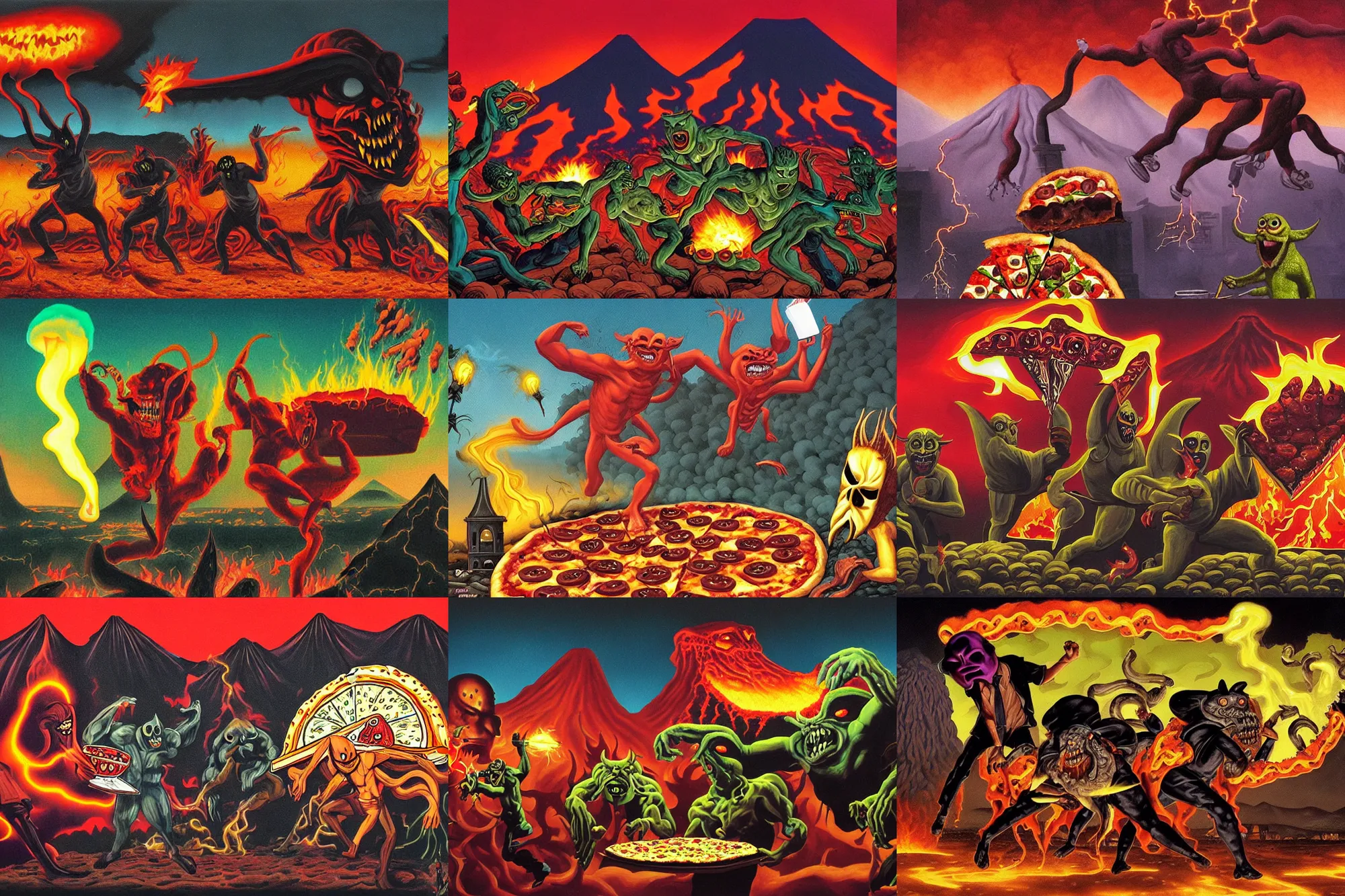 Prompt: masked demons grabbing a large pizza!!!, in the background is a volcano spewing lava and black smoke, streams of glowing hot lava, flashes of lightning in the distance. wide angle, long shot, an ultrafine detailed painting by richard corben, deviantart, pop surrealism
