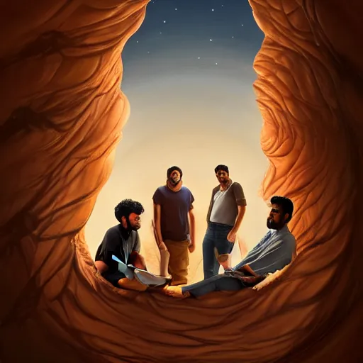 Prompt: a painting of three brown men and a brown woman emerging out of a giant open book, hyperrealistic faces, detailed digital art, aesthetic!, trending on artstation