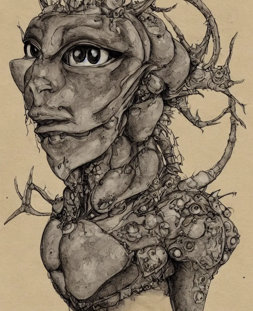 Prompt: fantasy, symmetrical beautiful human face, front view, female humanoid creature, plant armour, wide intricate horned insect head piece covering forehead, button nose, full lips, muscular, large cute anime eyes, stylised, torso and head, bust, diagram, greys anatomy book, on old distressed parchment paper, watercolour, by brian froud and boichi