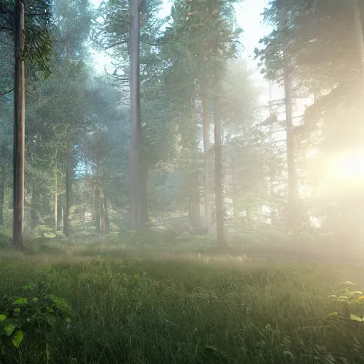 Image similar to photorealistic portal to another dimension in the middle of a forest, foggy, dynamic lighting, sun rays, ray tracing, cinematic, hyperrealism, stunning visuals 8k