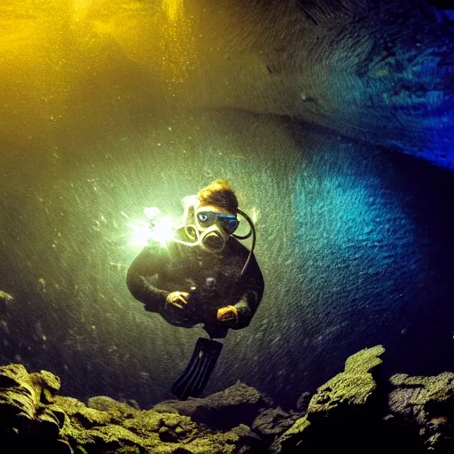 Image similar to diver in a dark cave underwater, painting, cosmic, haunted, cave like teeth, bubbles, scary, reaching for glowing Pearl, darkness closing in on him, shadows like teeth, cinematic, 4k,