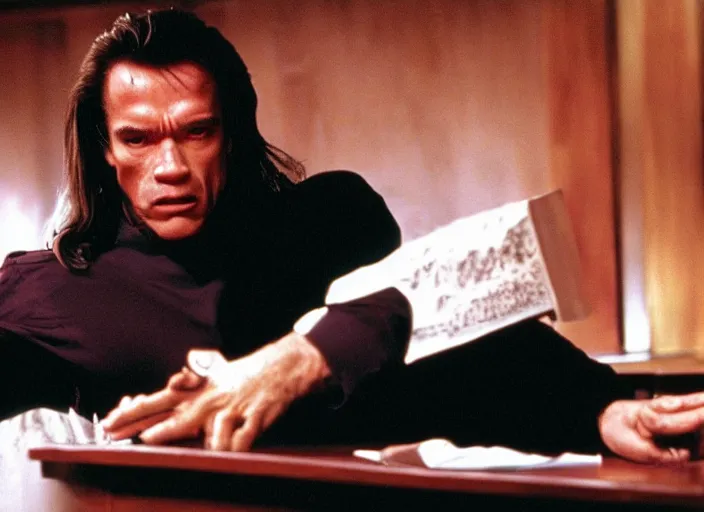 Prompt: arnold schwarzenegger in a still from the movie The Room (2003), You Are Tearing Me Apart Lisa!