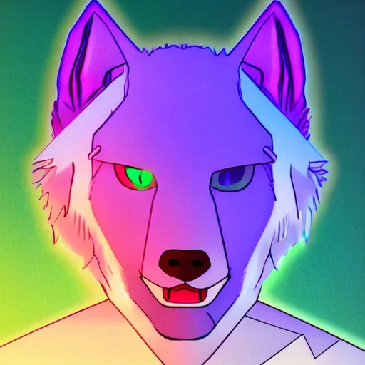 Prompt: portrait of a male humanoid cartoonish wolf with white snout, blue head and light yellow hair looking to the side, synthwave style