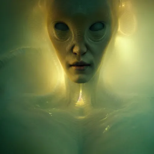 Image similar to ultra realistic horror photo of a dimly lit translucent female alien creature underwater, very intricate details, focus, full frame image, curvy, model pose, artwork by tooth wu and wlop and greg rutkowski, award winning