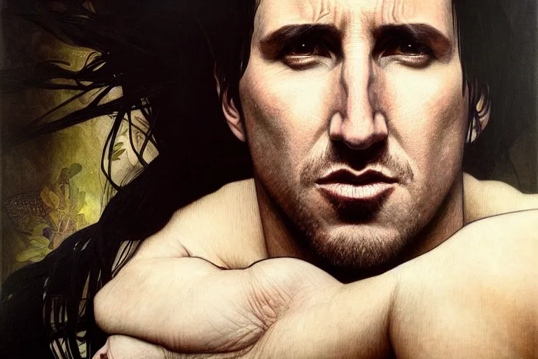 Image similar to hyper realistic portrait of singer trent reznor, by lee bermejo, alphonse mucha and greg rutkowski