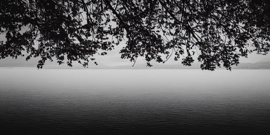 Prompt: symmetrical photograph of an infinitely long rope on the surface of the water, the rope is snaking from the foreground towards the center of the lake, a dark lake on a cloudy day, trees in the background, moody scene, anamorphic lens