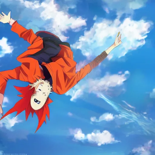 Image similar to orange - haired anime boy, 1 7 - year - old anime boy with wild spiky hair, wearing red jacket, flying through sky, ultra - high jump, late evening, blue hour, cirrus clouds, pearly sky, ultra - realistic, sharp details, subsurface scattering, blue sunshine, intricate details, hd anime, 2 0 1 9 anime