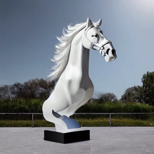 Image similar to cinematic photoshoot of clean modern hand crafted super futuristic tech horse sculpture pro display xpr luxury smooth color metal white silver with black leather padding well design ultrareallistic detailed high quality 8 k photorealistic ultra realistic