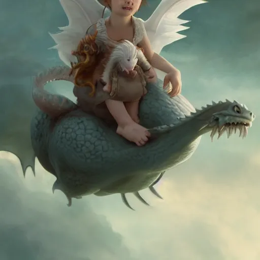 Image similar to a whimsical portrait of a little baby angel riding on a cute dragon pet by Greg Rutkowski, Sung Choi, Mitchell Mohrhauser, Maciej Kuciara, Johnson Ting, Maxim Verehin, Peter Konig, final fantasy, Marco lense, photorealistic 8k, cinematic lighting, HD, high detail, atmospheric, trending on artstation