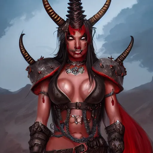 Prompt: portrait of a female berber tiefling, red skin, horns, black ponytail, steel armor, in a desert, fantasy, intricate, highly detailed, digital painting, artstation, concept art, character art, illustration, by steve argyle, by tyler jacobson, by peter mohrbacher