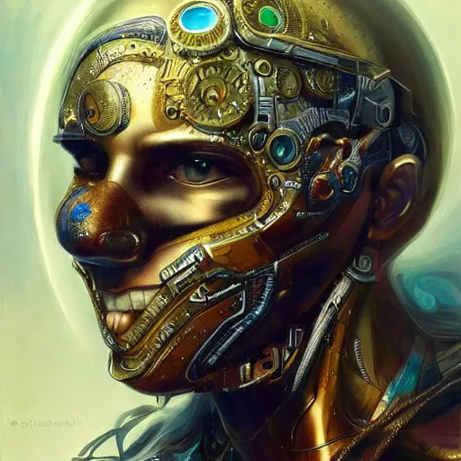 Prompt: cyborg warrior, full body, beautiful face, concept art, oil painting, golden ratio, insanely detailed and intricate, hypermaximalist