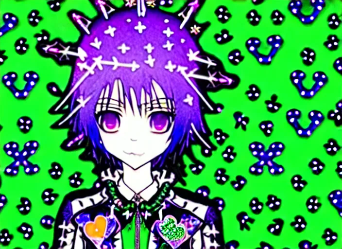 Image similar to baroque bedazzled gothic royalty frames surrounding a hologram of decora styled green haired yotsuba koiwai wearing a gothic spiked jacket, background full of lucky clovers, crosses, and shinning star doodles, holography, irridescent