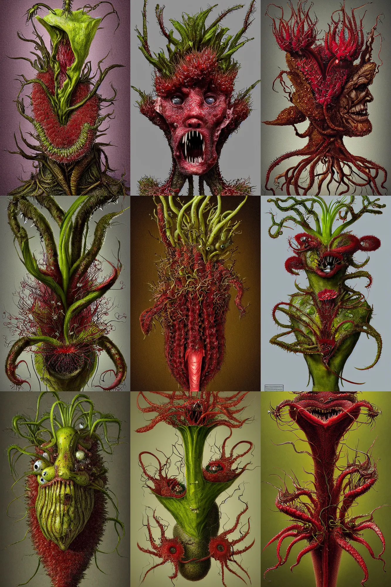 Prompt: portrait of a mutant antropomorphic carnivorous plant, by Arcimboldo and Caravaggio, Drosera capensis, dystopian, eyelashes as snap traps of Dionaea muscipula, extremely detailed, digital painting, sculpted in zbrush, artstation, concept art, award winning in cgsociety, sharp focus, illustration, chiaroscuro lighting, golden ratio, rule of thirds, fibonacci, frontal view