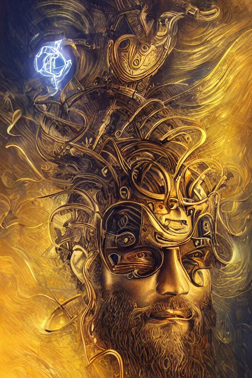 Prompt: mythological odin all father god of thunder and artificial intelligence creating himself with an artificial neural network with gold synapses on an anvil, high resolution, award winning art, trending on art station, sharp image, incredibly detailed, detailed character realistic painting