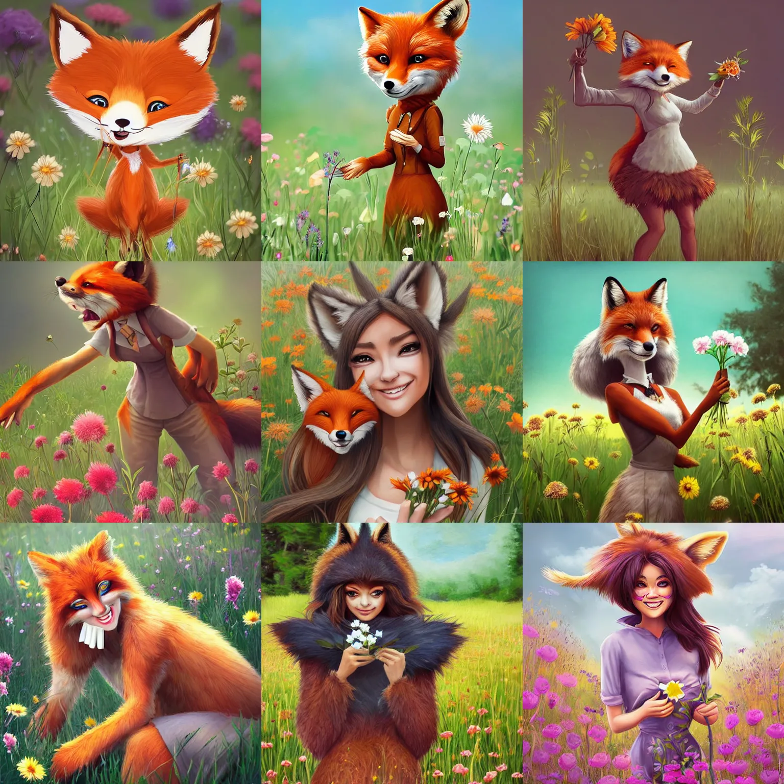 Prompt: Cute smiling anthropomorphic foxwoman picking flowers in a meadow, Artgerm