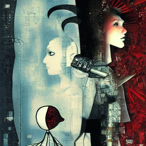 Prompt: a naive woman with a memory that survives the reset of the world, and a small robot bird on her shoulder, collage artwork by dave mckean and yoshitaka amano