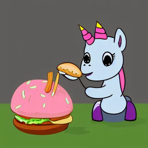 Prompt: a pretty pink unicorn character eating a little hamburger on the ground in a soccer field | digital art | cell shading | very high quality | very detailed | totally awesome | very cute | horselike | eating a little hamburger