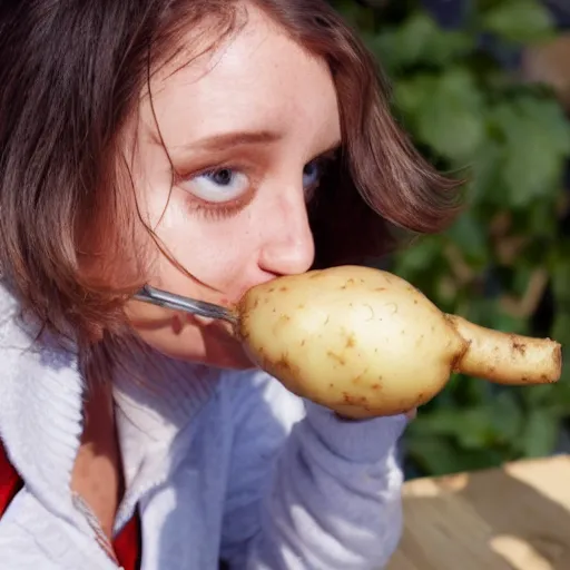 Prompt: stock photo of a potato drinking win