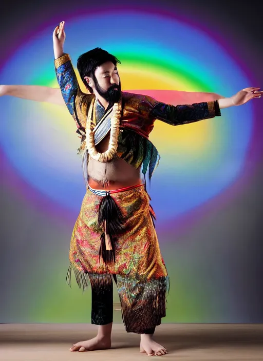 Prompt: japanese man with short hair and a beard wearing a native indian outfit, dancing next to a rainbow, full body portrait, dynamic lighting