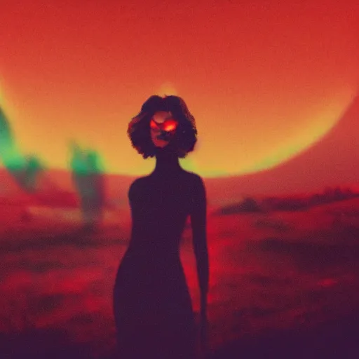 Image similar to A sad spiritual witch standing on mars looking at camera, distant background, red lighting, ominous, moonlight, bokeh, synthwave, psychedelic, glitch, acrylic, flooko, detailed,