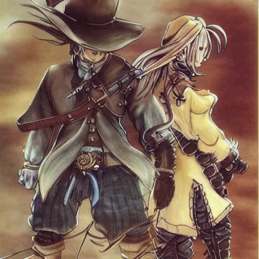 Image similar to mexican vaquero, yoshitaka amano character design, final fantasy tactics