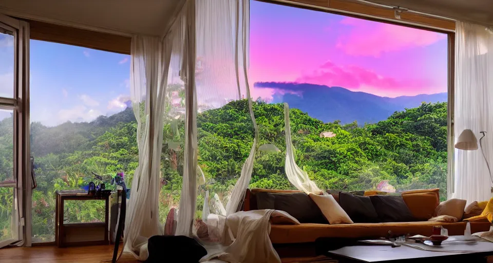 Image similar to big window, mountains in background, cloud forest in background, tropical beach in background, late afternoon sunset, dramatic lighting, holiday vibes, living room, furniture, IKEA catalogue, futuristic, ultra realistic, ultra detailed, cinematic light, anamorphic, wooden floored balcony, by Paul Lehr