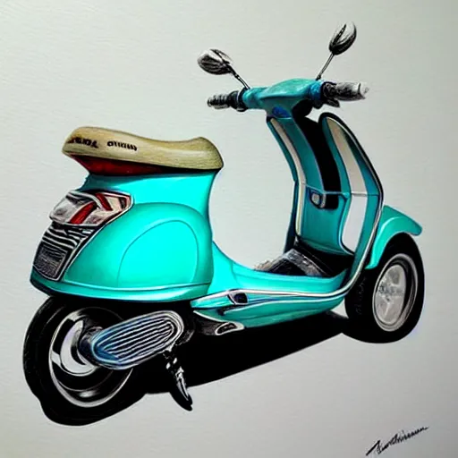 Prompt: hyper realistic pencil drawing of a turquoise vespa moped, loose water color, detailed, rim light, diffused, intricate, by anna dittmann,