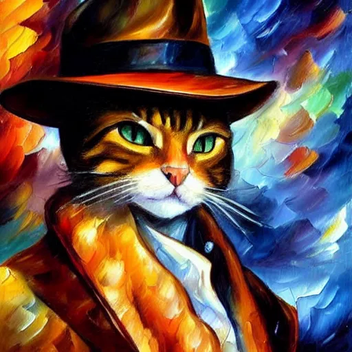 Prompt: portrait painting of a cat as an explorer like Indiana Jones, leather hat by Leonid Afremov