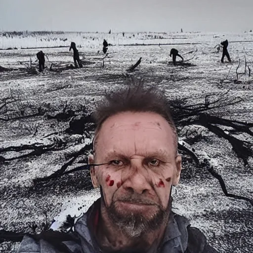 Image similar to last selfie of last alive ukrainian very damaged body to bones running from nuclear explosion, dead bodies on the ground, black snow, 2 0 2 2