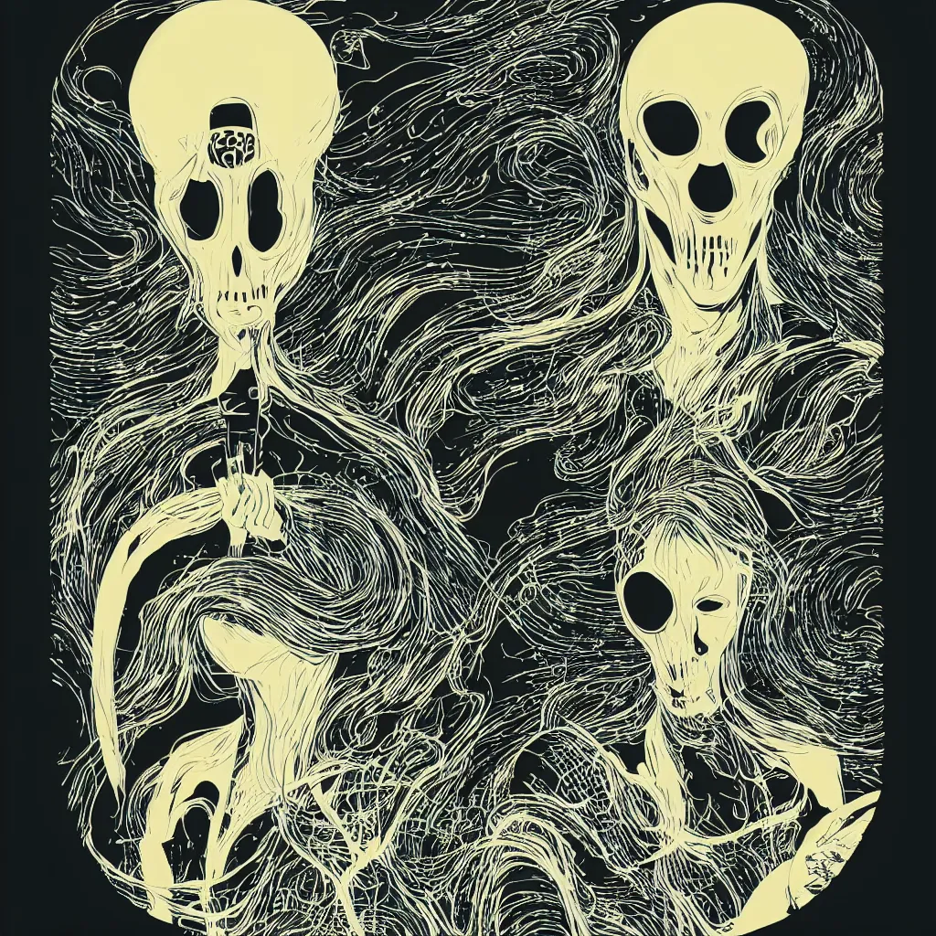 Image similar to individual silk screen portrait of the grim reaper by victo ngai, clean vector curves, no jagged lines, vector art