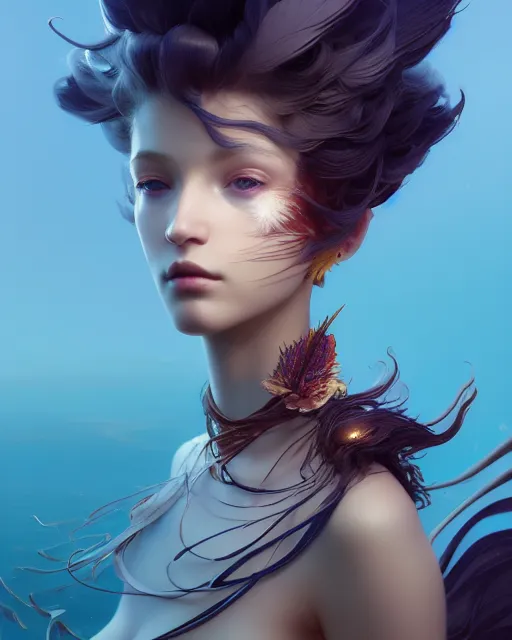 Prompt: rhythm of the wind, beauty portrait, azure. headhear, detailed hair, fractal feathers, ornate, intricate environment, fantasy art by ilya kuvshinov, peter mohrbacher, greg rutkowski, ross tran, craig mullins, thomas kinkade, victo ngai. unreal engine 5 highly rendered, blender, octane, ray tracing. sharp focus, post processing