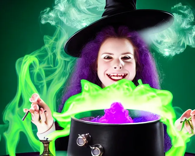 Prompt: close up portrait, happy teen witch and her cat mixing a spell in a cauldron, faint wispy green and purple smoke fills the air, a witch hat, cinematic, green glowing smoke is coming out of the cauldron, strange ingredients on the table, strange apothecary shelves in the background, scary stories to tell in the dark