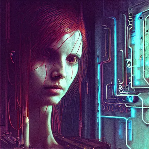 Prompt: female cyberpunk, wires, machines digital diplays, by waterhouse, by beksinski, high quality, facing camera, photorealistic, highly detailed, haunting, occult, extremely detailed, intricate, octane render