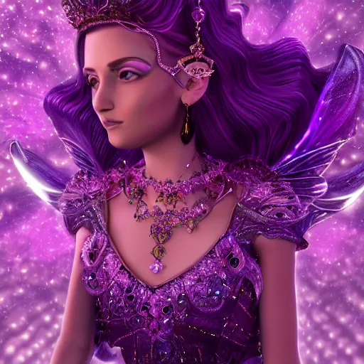 Image similar to portrait princess of amethyst, glowing, ornate and intricate purple jewelry, jaw dropping beauty, glowing background lighting, purple accent lighting, hyper detailed, fairy tale, 4 k octane render