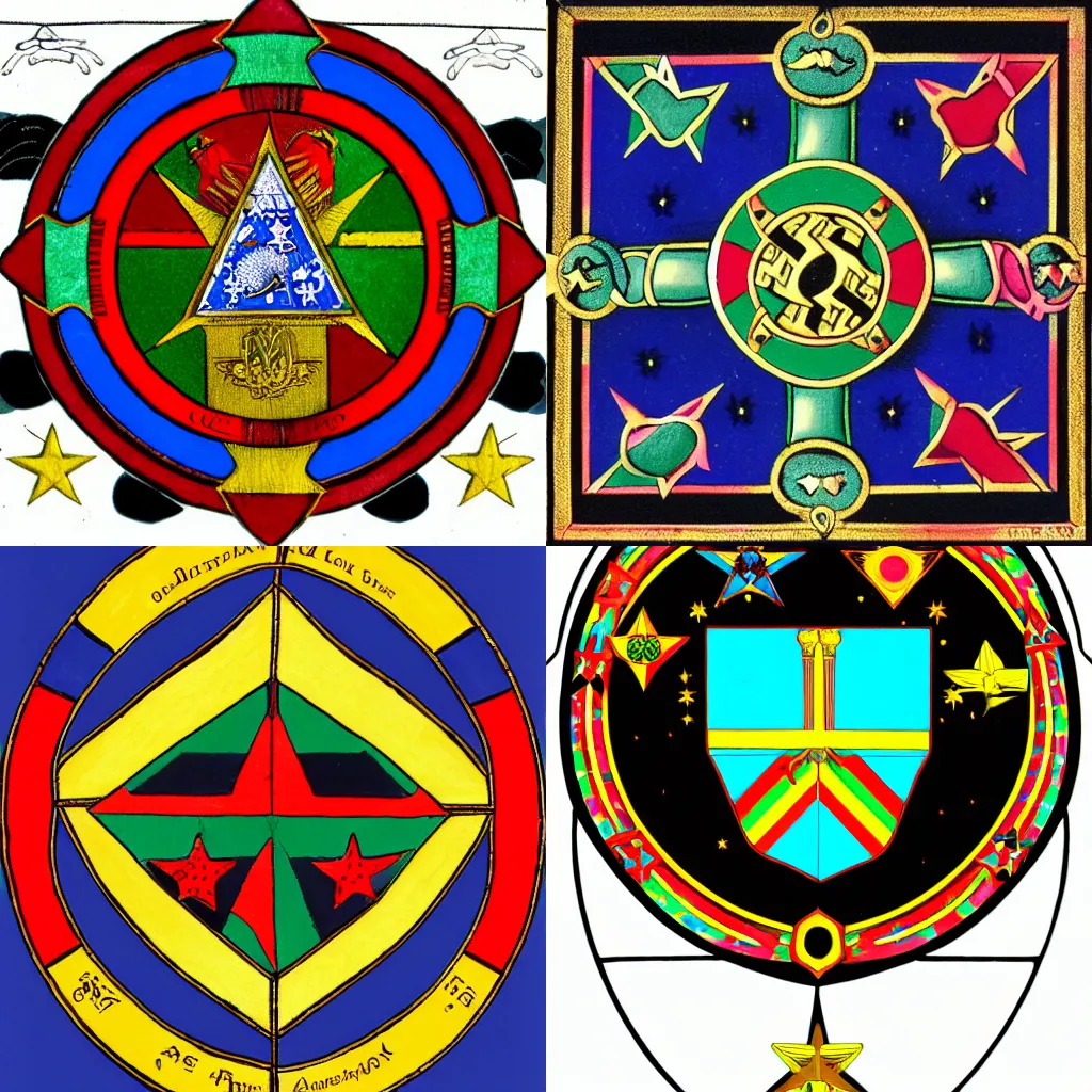 Prompt: Black coat of arms with 17 golden stars orbiting ouroborus in rainbow colors around vesica piscis in shades of blue between three red equilateral triangles above and four green squares on the bias below.