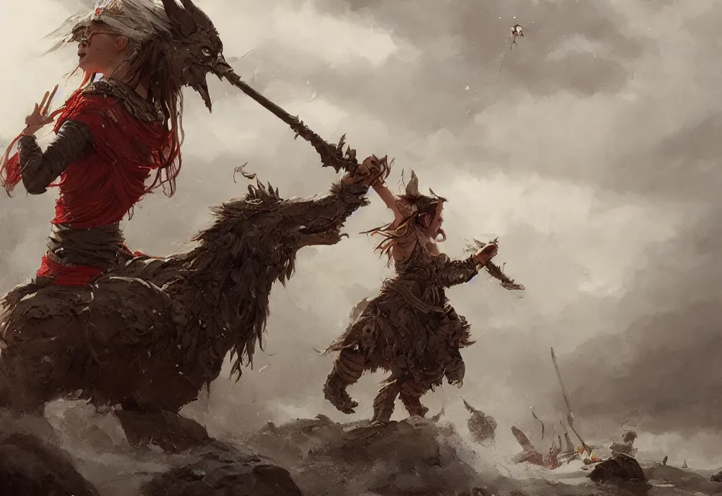 Image similar to scandinavian godess freyja kills musya, epic, dramatic, fantast, artstation, jakub rozalski, high detail