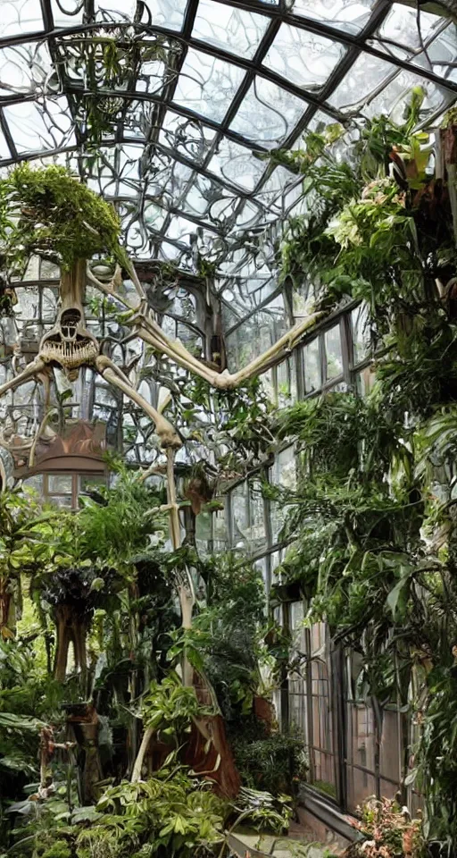 Prompt: a beautifu lush Victorian era conservatory with a t-rex skeleton on display