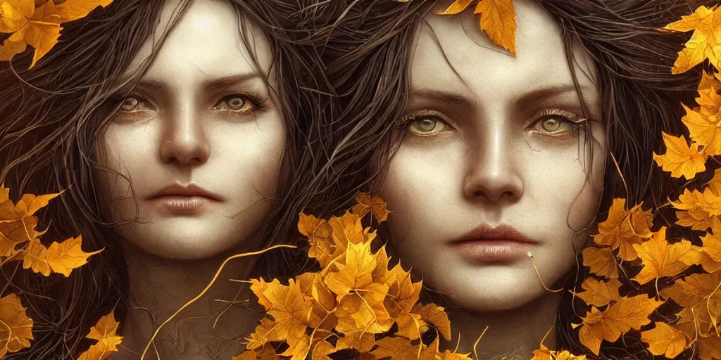 Image similar to golden leaves at frame border, creative!!! composition for a book cover!!!, absurdly beautiful, ultrafine hyperrealistic detailed old witch face by wlop and artgerm and greg rutkowski, intricate linework, sharp focus, smooth, octopath traveler, final fantasy, unreal engine, dramatic lighting, ethereal, 8 k