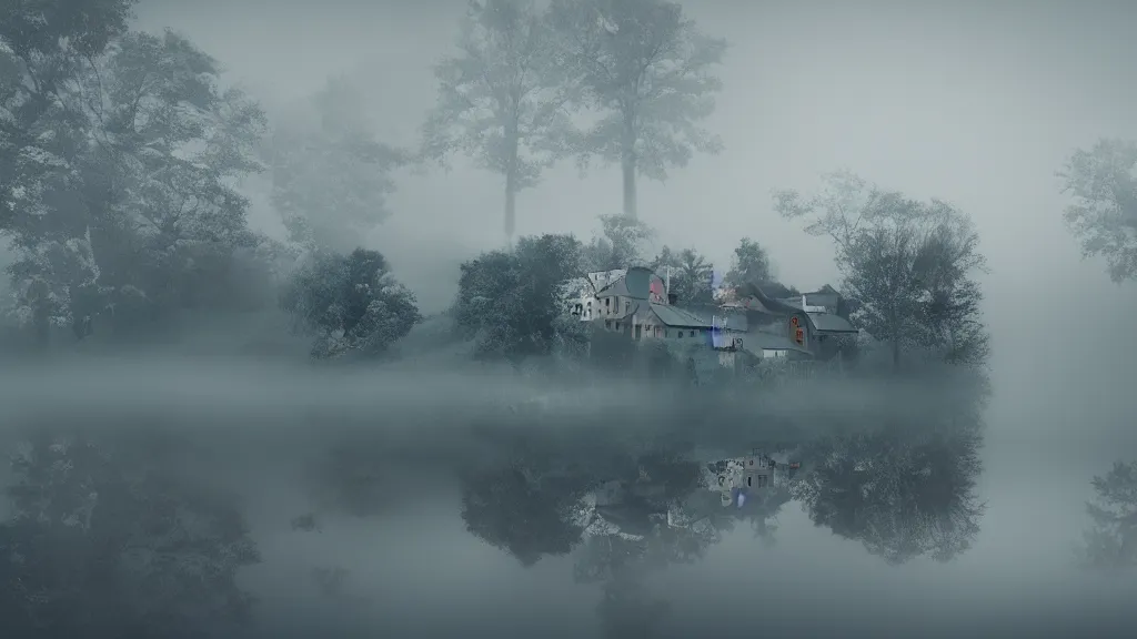 Prompt: village with beautiful houses in the fog on the lake, fog, volumetric lighting, mystique, atmospheric, conept art, teal and orange, sharp focus, ultra detailed, noir arthouse, 4 k, cinematic, 3 5 mm