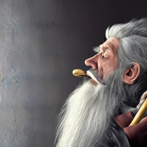 Image similar to photorealism render of Gandalf the Grey getting high from a bong