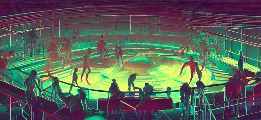 Prompt: handmade illustration of futuristic boxing ring, line art, octane render with volumetric lighting, watercolor by Kilian Eng and escher, olympic weight room in bladerunner neon radioactive swamp