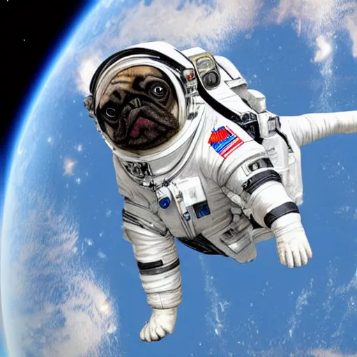 Image similar to hyper realistic, highly detailed, astronaut pug in space.